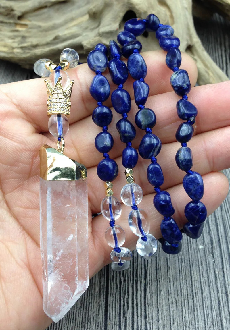 YA2827 Natural Quartz Pendant Sodalite Quartz Irregular Diamond Bead Knot Handmade Necklace 241018