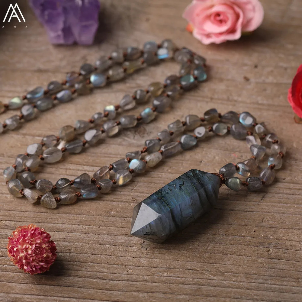 Natural Labrador Stone Double Point Pendant Labrador Stone Irregular Chip Bead Knot Mara Yoga Necklace Jewelry 241018