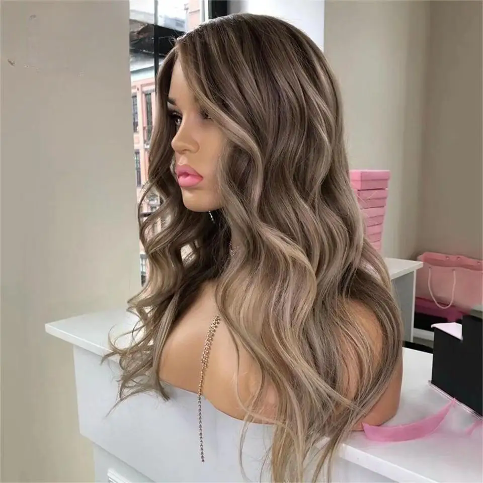 13x4 Lace Front Human Hair Wigs Ash Blonde Body Wave Human Hair Brown Highlight Wig Transparent HD 5x5 closure Lace Frontal Wig For Woman