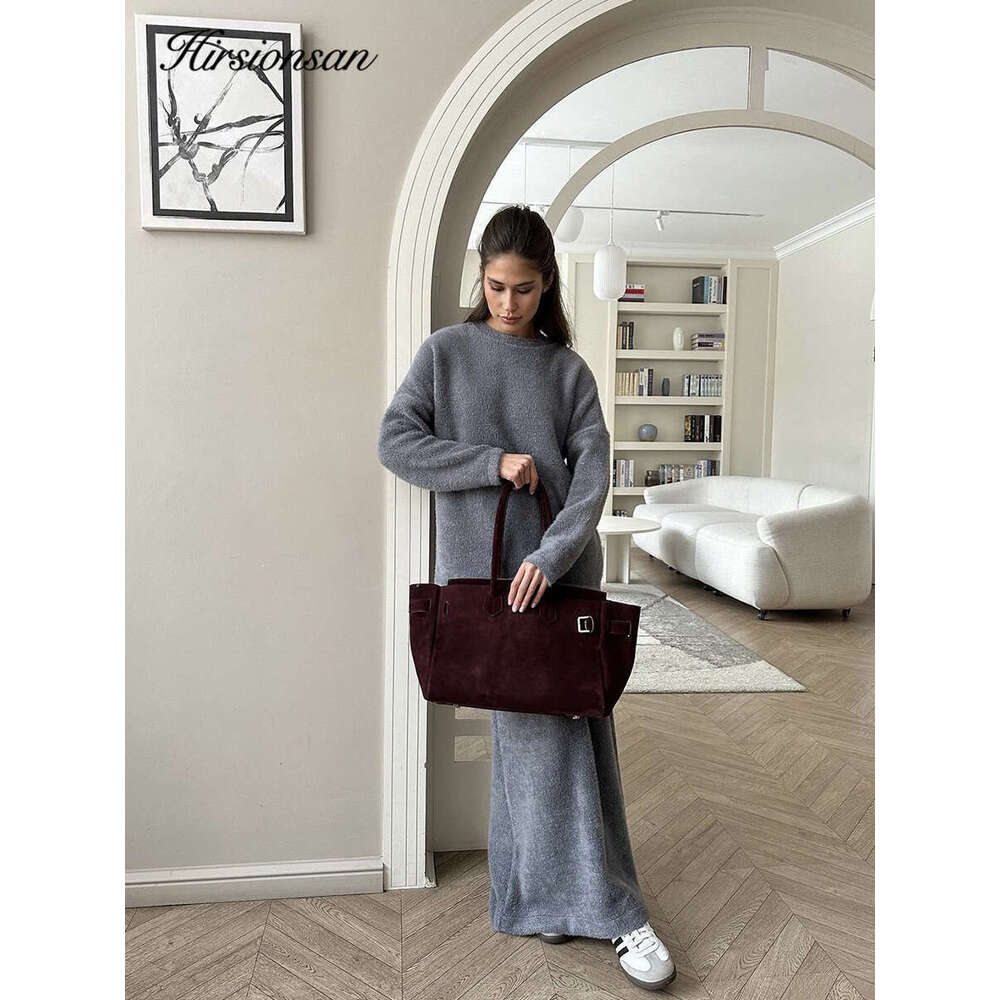 Hirsionsan Soft Elegant Vintage Women Suits 2 Pieces Female Skirt Sets O Neck Sweater & Midi Dress Knitted Tracuit