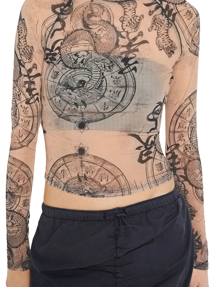 Womens Sheer Mesh Tops Spring Fall Fashion Long Sleeve Crew Neck Dragon Print Slim Fit TShirts Basic Blouses 2000s Streewear 241018