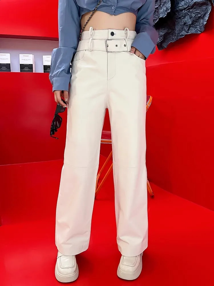 Autumn womens high waisted waistband wide leg straight pants sheepskin real leather pants casual street clothing long goods Trousers 4XL 241018