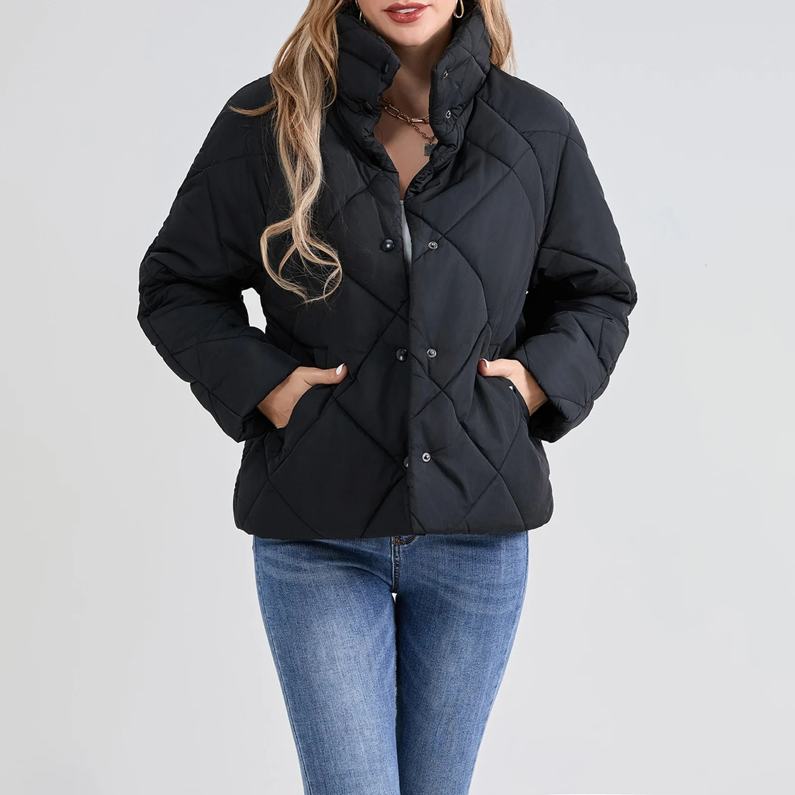 Womens Winter Puffer Coats Solid Color Long Sleeve Stand Collar Button down Quilted Jackets Warm Parkas 241018