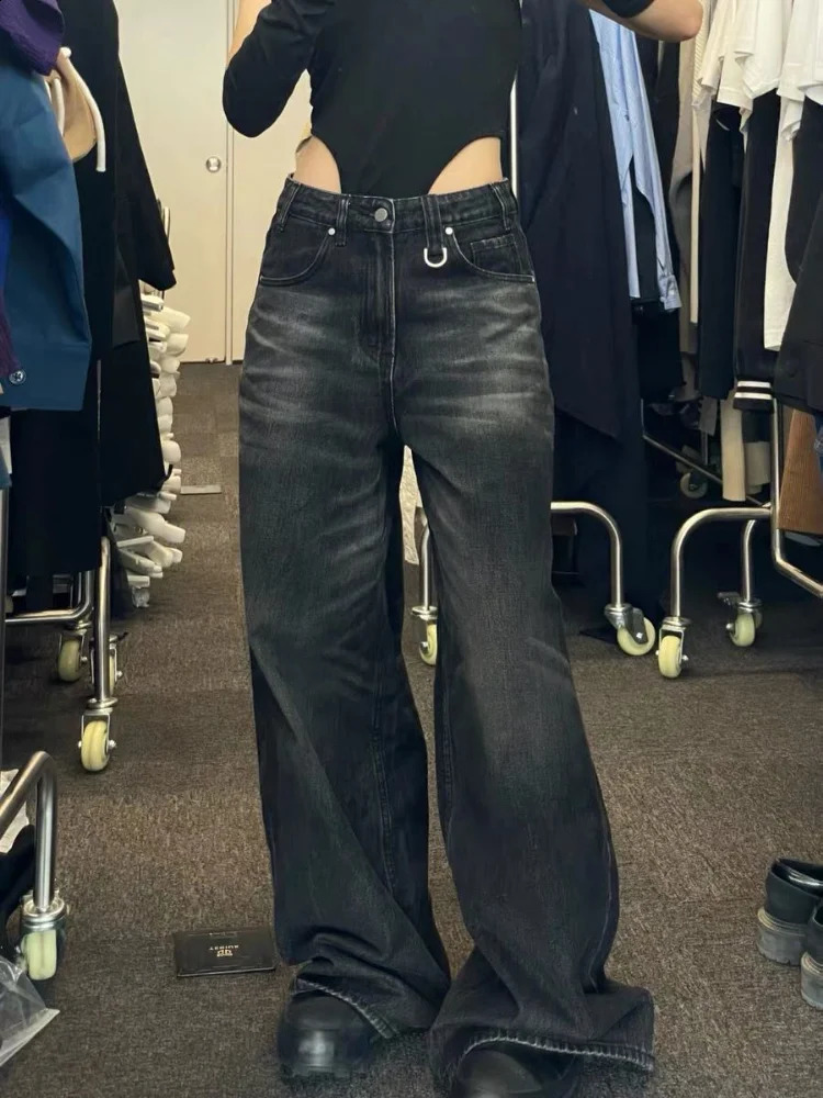 HOUZHOU Vintage Black Wide Leg Jean Oversized High Street Korean Fashion Baggy Denim Trousers Grunge Y2k Female Hip Hop y241007
