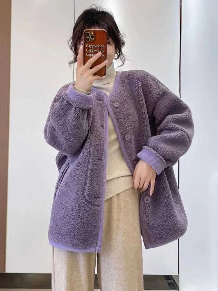 Woman Clothing Autumn Winter New V Neck Plush Jacket Korean Fashion Lamb Wool Womens Coat Taro Purple Solid Warm JacketsX241018