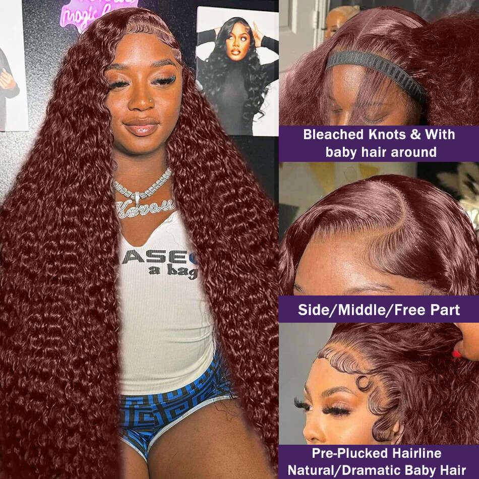 Wigirl HD 36 inch Reddish Brown Water Curly 13x4 Frontal Wigs Colored Deep Wave 13x6 Lace Front Human Hair wig For Women