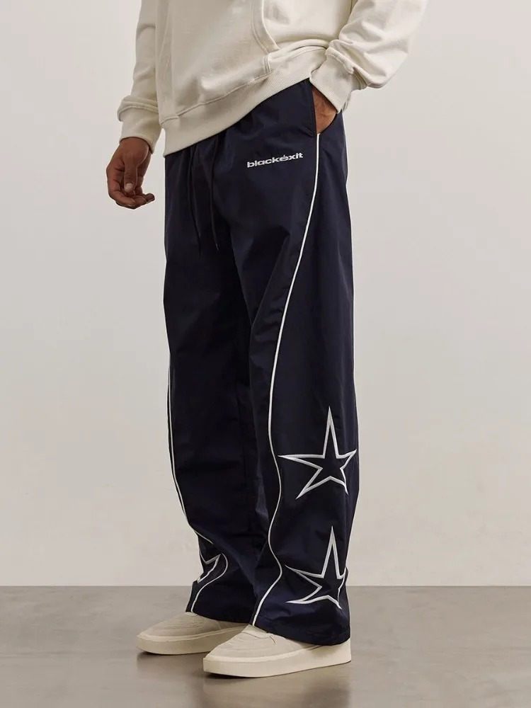 HOUZHOU Y2K Star Parachute Pants Men Streetwear Sports Wide Leg Trousers Male Workwear Hip Hop Harajuku Sweatpants Embroidery 241018