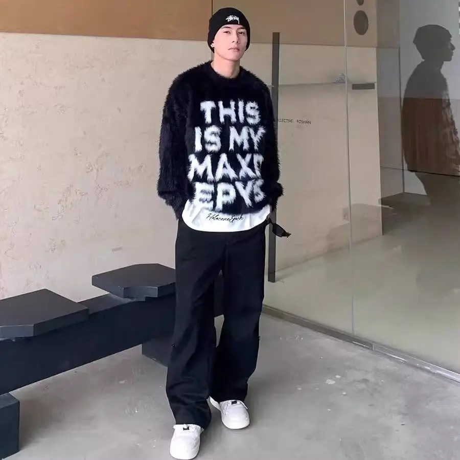mink fur sweater men thick lazy high end feeling letter printed knitted sweaters jacket pullover clothing 241018