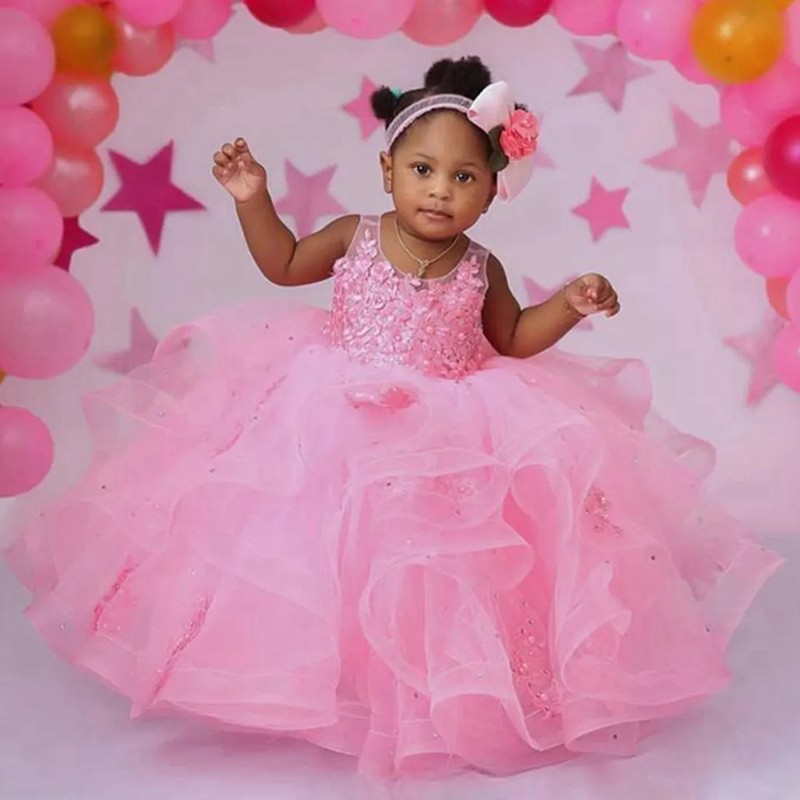 Pink Little Kids Birthday Party wer Girl Dresses Sheer Neck Appliqued Lace Tiered Tulle Beaded wergirl Dress Princess Queen Marriage Gowns