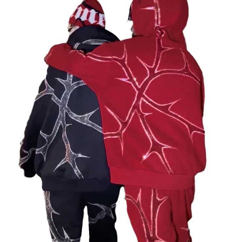 Hip Hop Rhinestone Print Hoodies Pants Suit Men Women Streetwear Fashion Y2k Zipper Hoodie Jacket Gothic Autumn Loose SweatshirtC241018