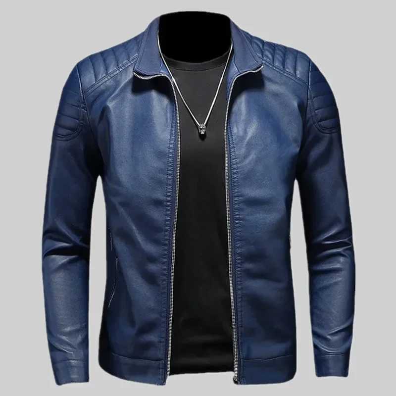 Mens standing collar bicycle jacket high-quality casual and fashionable leather jacket Trench leather synthetic bicycle jacket Y241018