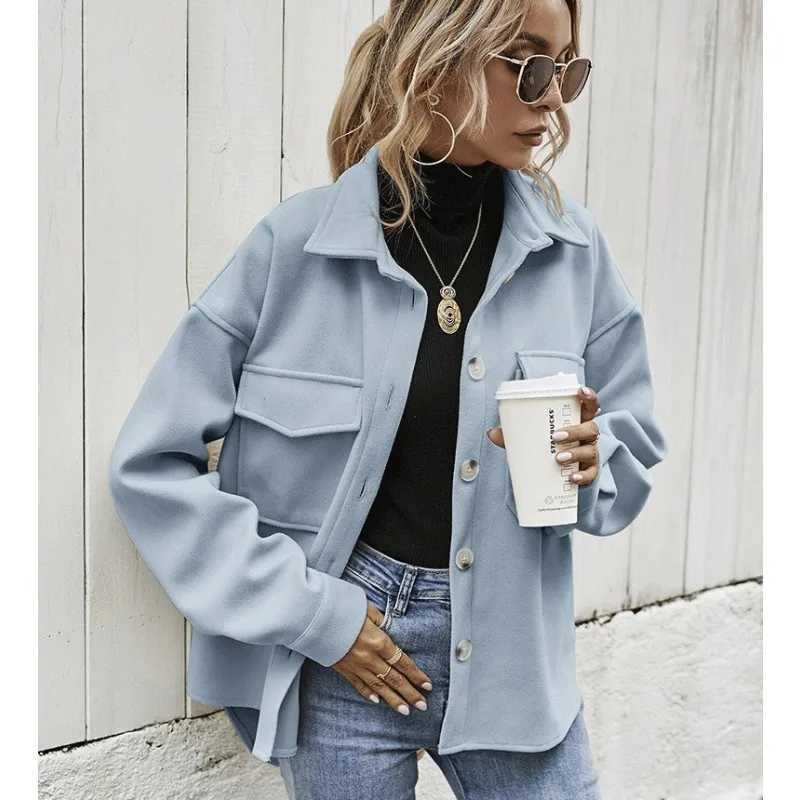 Women Solid Loose Cardigan Pocket Coat Spring Autumn Woolen Coat Women Long Sleeve Single Breasted Turn-down Collar Woolen CoatX241009