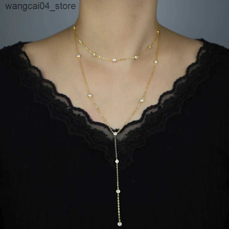 Chokers 100% 925 sterling silver multi-layer gold Y-shaped necklace suitable for women Micro Pave Cz fashionable long Y necklace L240910