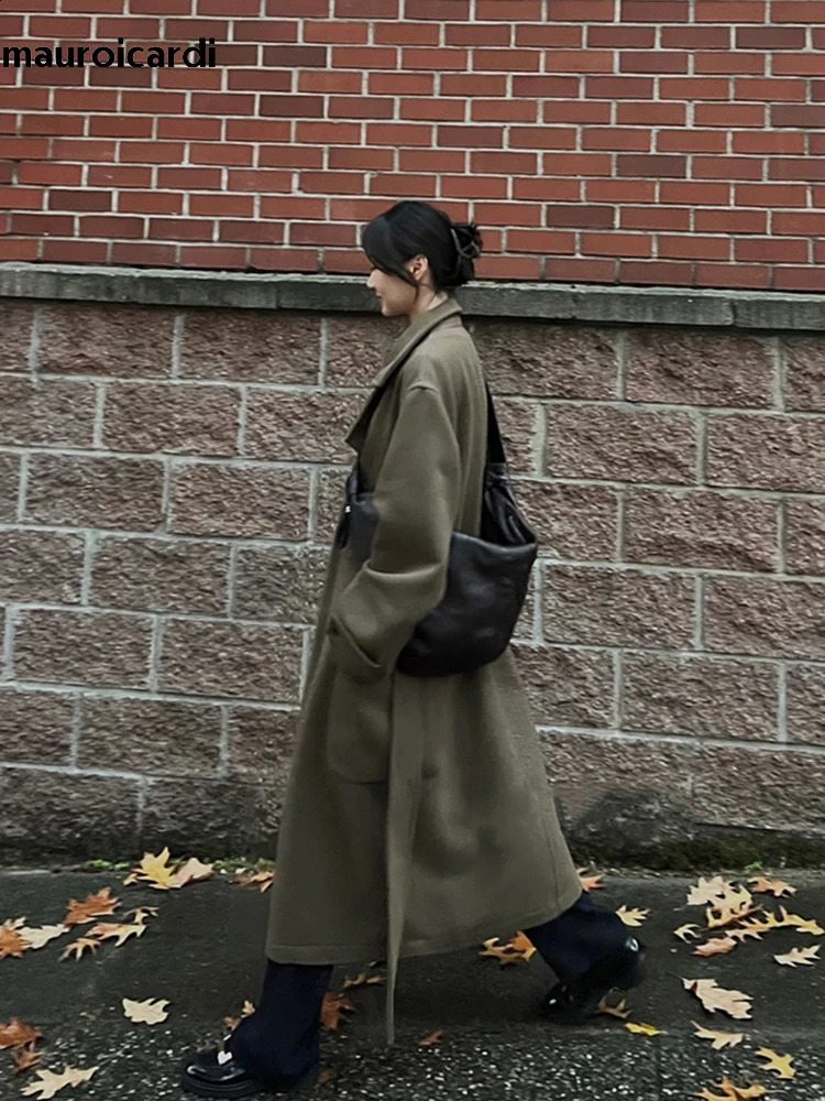 Mauroicardi Autumn Winter Oversized Long Warm Brown Wool Blends Coat Men Unisex Clothes Woolen Overcoat 2024 241007