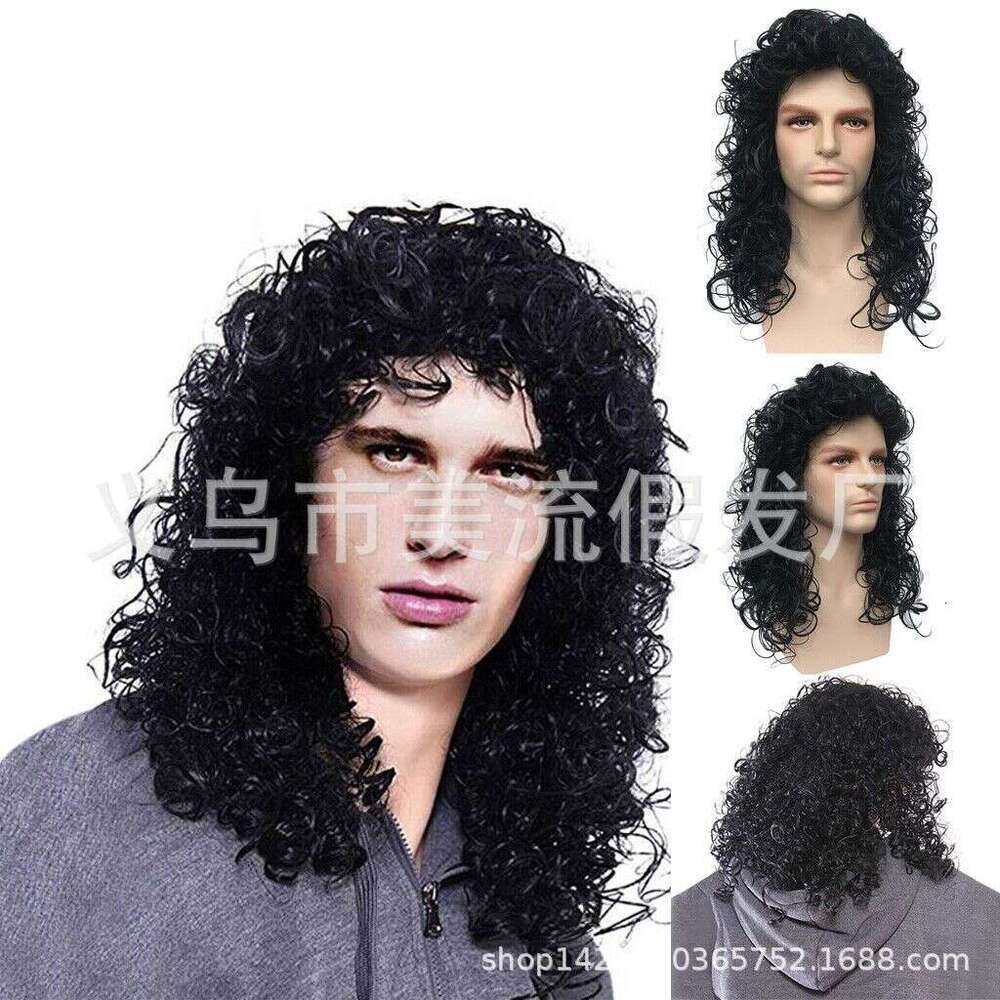 Men's Cosplay Black Fluffy Long Synthetic Small Curly Hair Wig
