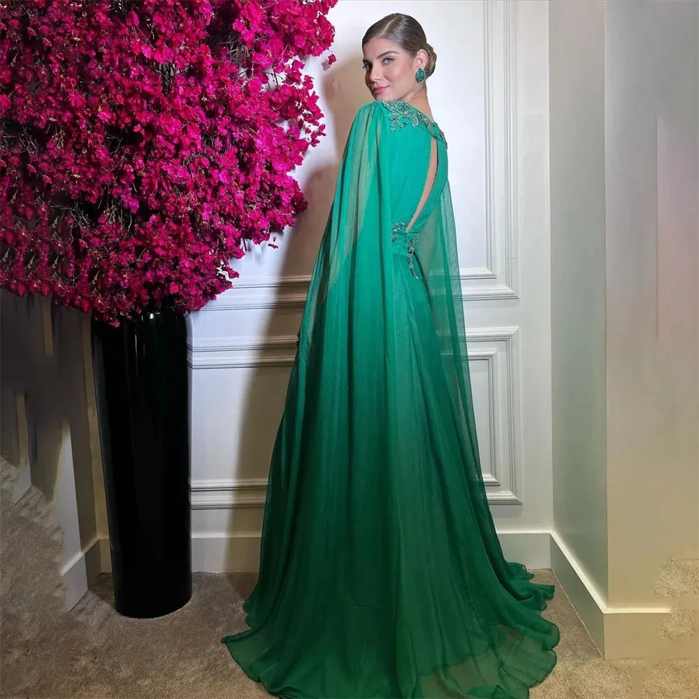 Dark Green Beach Evening Gowns Long Sleeves Prom Dress Chiffion Party Dresses For Woman Custom Made Vestidos De Noche