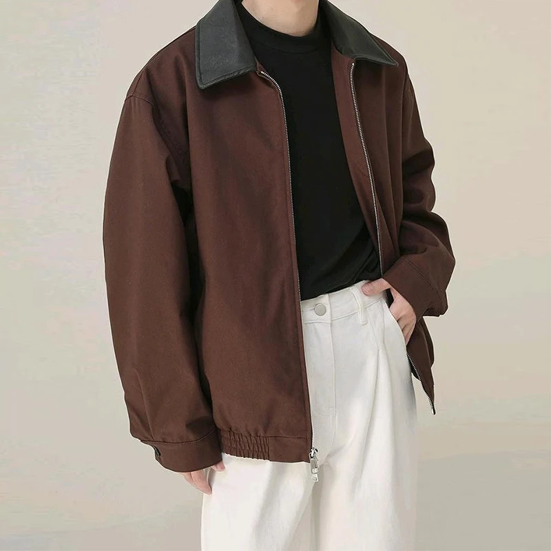 Male Stitching PU Jackets Winter Fashion Solid Color Loose Zipper Outwear Autumn Mens Long Sleeve Leather Motorcycle Coats 241018