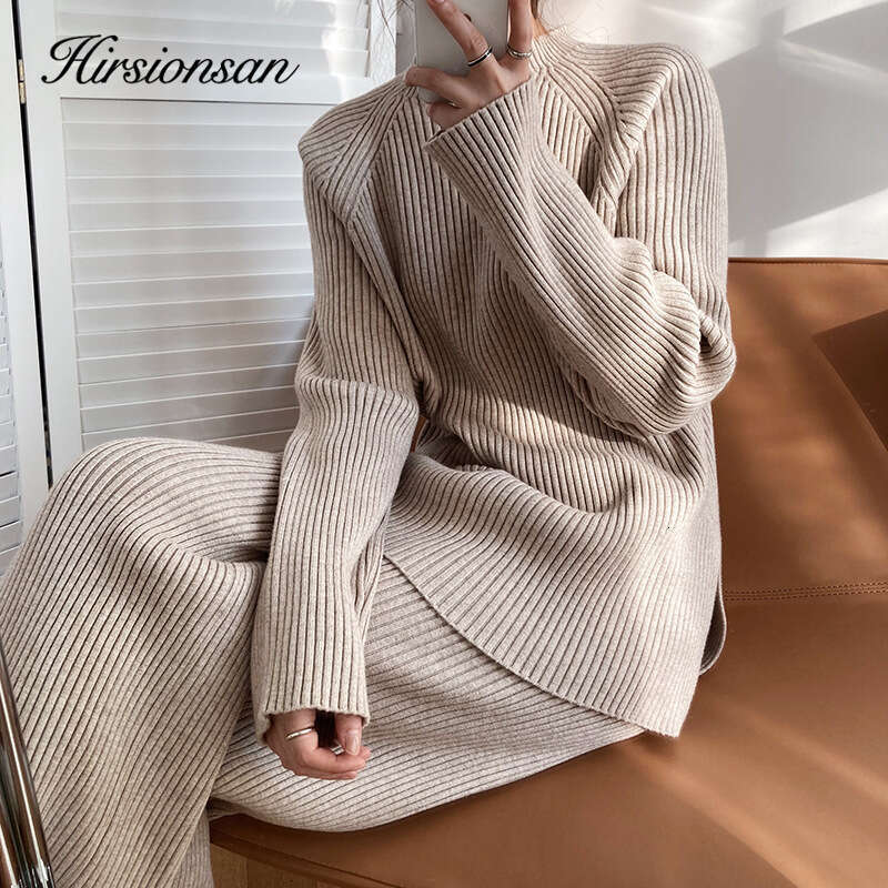 Hirsionsan Soft Cashmere Knitted Sets Women 2023 Autumn Winter Casual Two Pieces Sweater And Pants Outfits Solid Tracuit Lady