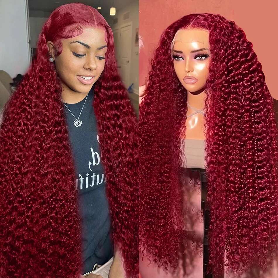99J Bury 13x6 HD Frontal Wigs Colored Curly Human Hair Red Deep Wave 4x4 Lace Front Closure Wig 30 Inches