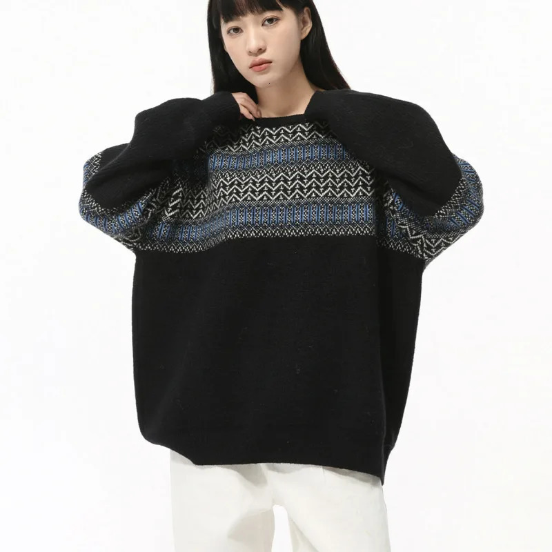 Mens Autumn Collection Korean Color Contrast Splicing Retro Round Neck Gentle Temperament Knitted Loose Sweater Hoodie 241018