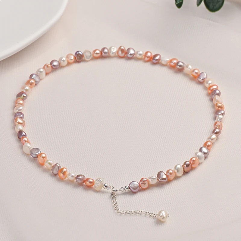 5-6mm natural freshwater pearl Baroque shaped mixed color necklace S925 pure silver chain exquisite jewelry gift 241017
