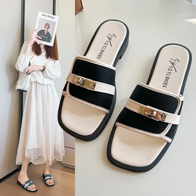 Square Toe Flat Bottom Slippers Summer New Women S Metal Buckle Decoration Casual One Line Low Heel Sandals For To Wear Externally Ddmythur