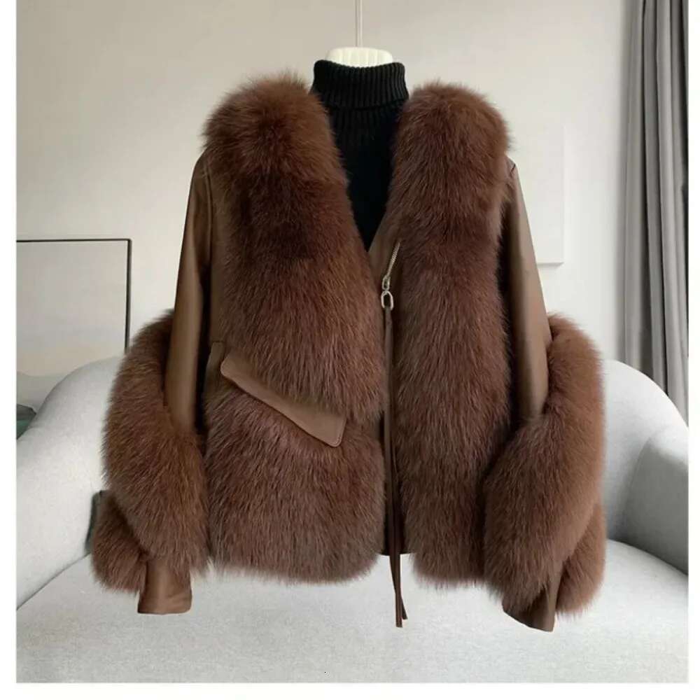 Women Fox 2024 Autumn Winter Fur All-In-One Spliced Sheepskin Motorcycle Coat Thickened Warm Free Shipping