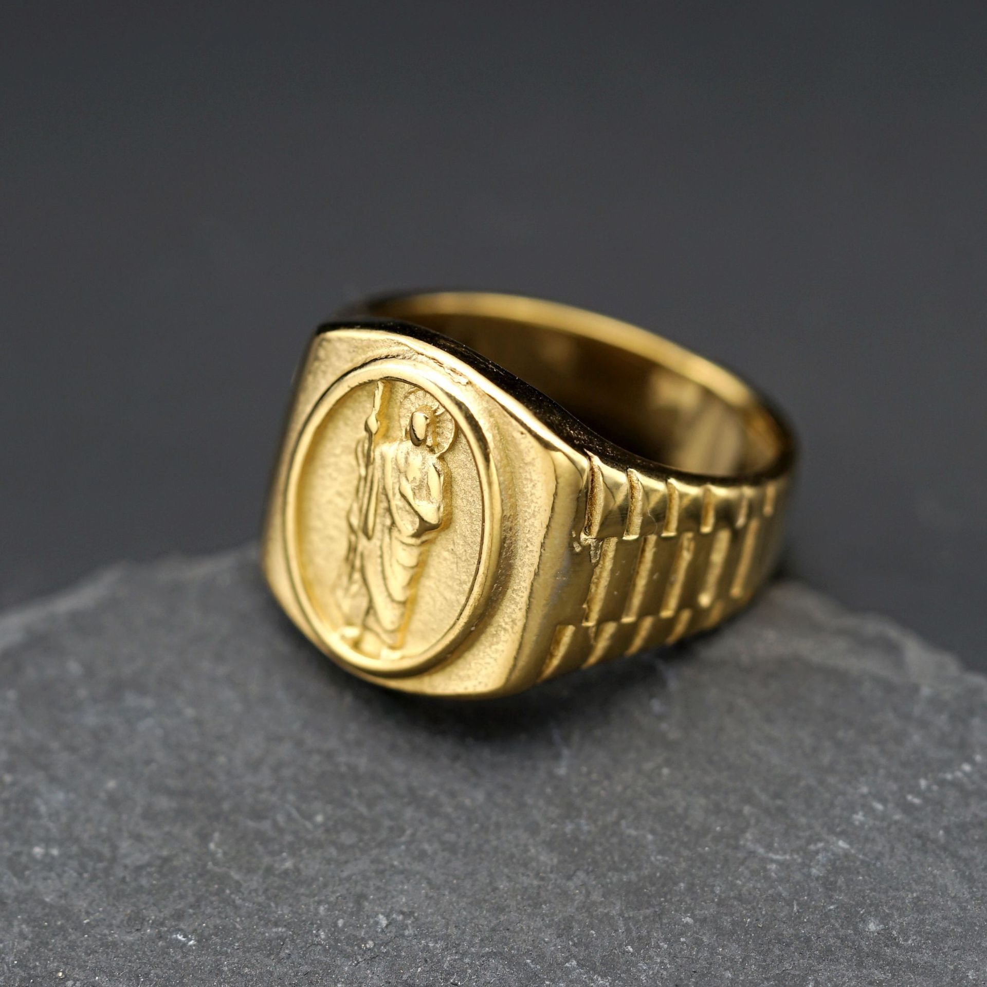 Stainless Steel Jesus Casting Ring 18k Gold Plated Mens Religious Jewelry