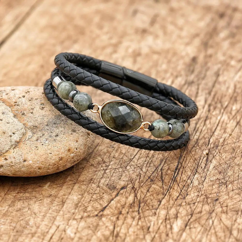 Fashionable Natural Labrador Stone Multi functional Leather Bracelet for Womens Charm Stainless Steel Magnetic Buckle Packaging Bracelet Gift 241018
