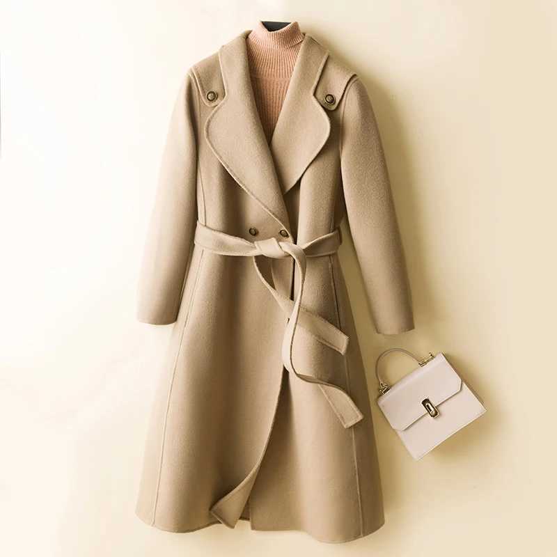 Long Coats Women Woolen Trench Jacket 100% Merino Wool Winter Fashion Lapel Belted Overcoat Autumn Vintage Thick Clothing KoreanX241009