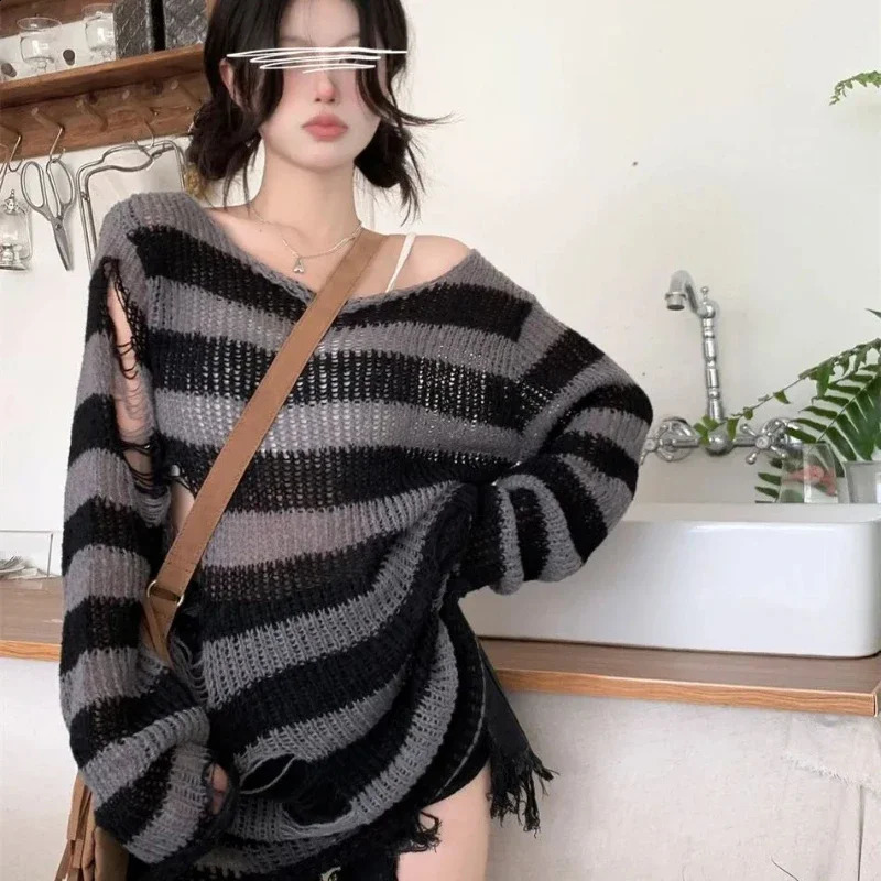Goth Punk Gothic Sweater Oversized Pullover Striped Cool Hollow Out Hole Broken Jumper Harajuku Aesthetics 241009