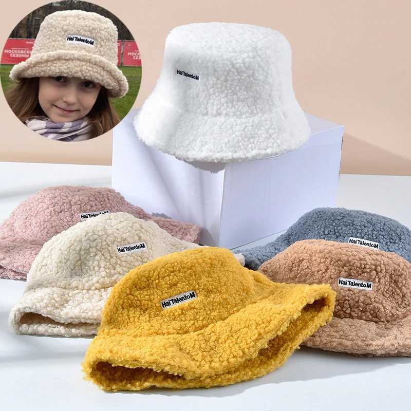 Kid Winter Warm Bucket Hat Solid Color Letter Lamb Wool Girls Boys Basin Cap Outdoor Children Casual Flat Top Fisherman Hat LX241018