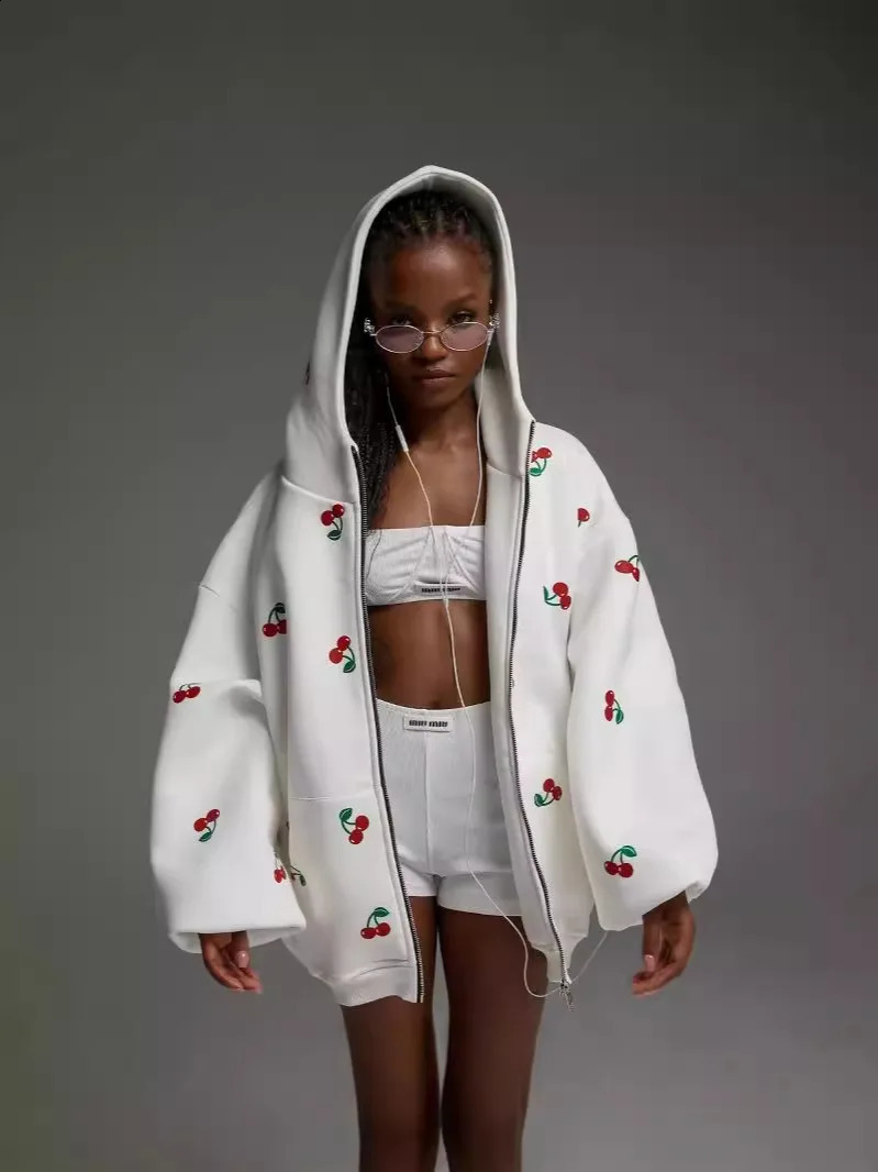 Autumn Women Sweatshirt White Cherry Print Hooded Cardigan Loose Hoodies With Pocket Zipper Outerwear Females Jacket Tops 241017