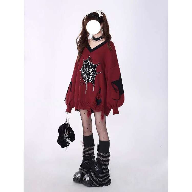 Japanese Fashion Hole Tassel Sweaters Mujer 2024 Autumn New Waterproof Mink Pullovers Y2k Long Sleeve Loose Knitted Tops