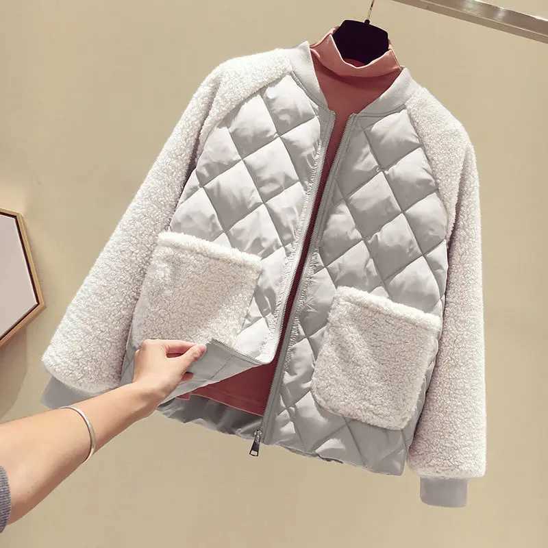 Women Jacket 2023 New Lamb Wool Stitching Large Size Cotton Coat Spring Autumn Outwear Loose Overcoat Female Tops X241018