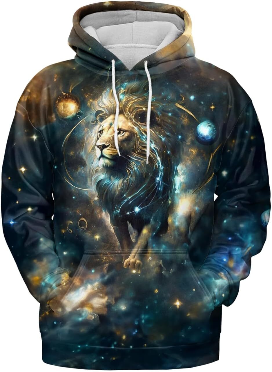 Hoodie for Mens Womens Lion Hoodies For Men 3D Print Design Leo Zodiac Pullover Sweatshirt Wildlife Adult Womans Animal Hoodie Graphic Warm