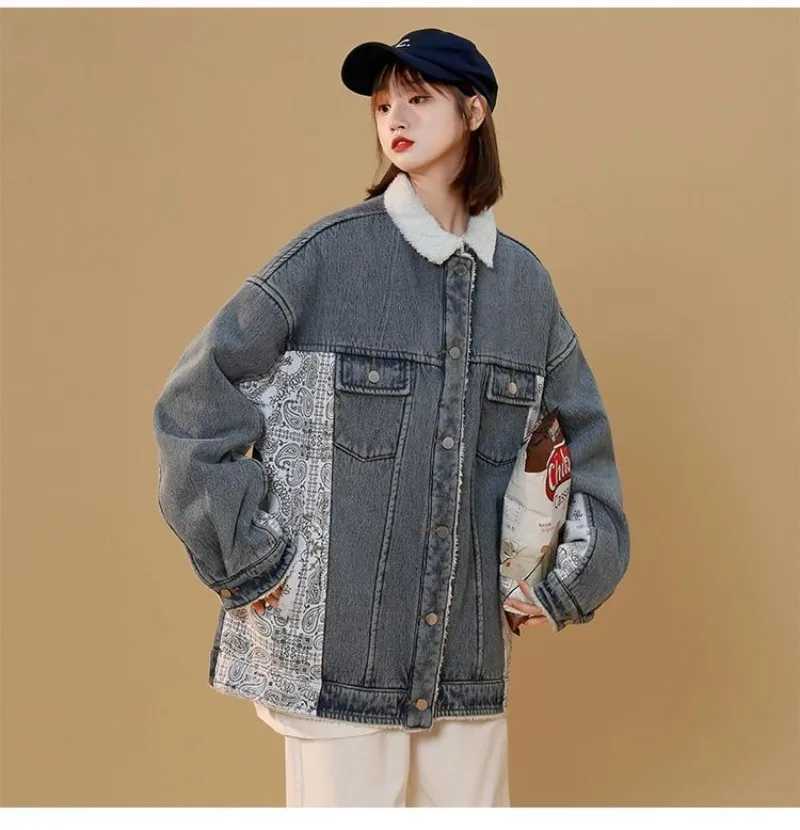 Vintage Winter Thicken Lambswool Denim Jackets Fashion Long Parkas Turn-down Collar Chic Printed Coats Warm Clothes for WomenX241018