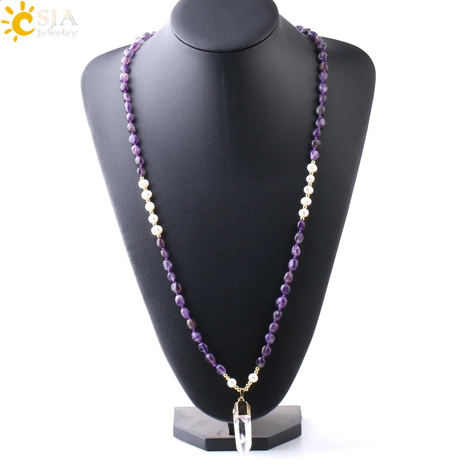 CSJA Boho Irregular Natural Stone Pearl Necklace Knot White Crystal Pendant Womens Sweater Necklace F774 241018