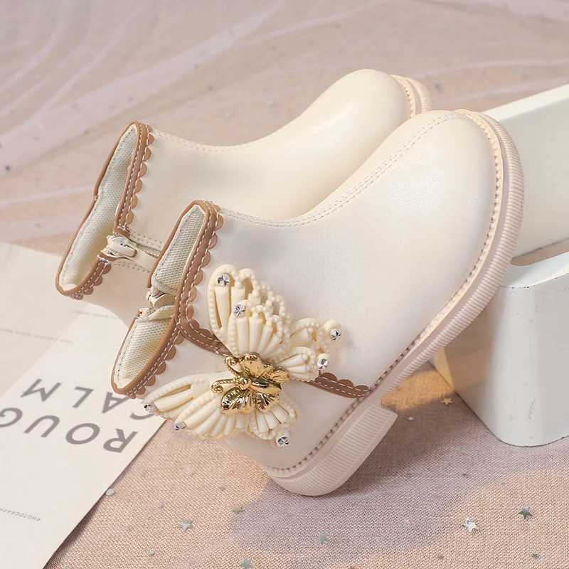Boots Girls Fashion Butterfly Boots Elegant Kids Short Leather Boots Chic Children Swt Princess Boots Round-toe Anti-Slippery 2024 H241018