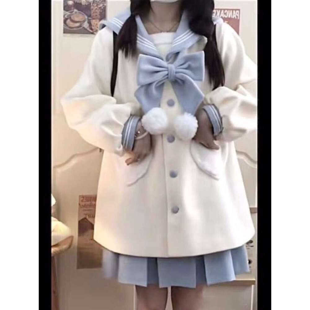 Sweet Bow Sailor Collar Jackets Mujer 2024 Autumn Winter New Thicked Warm Coat Women Y2k Mid-Length Long Sleeve Loose Tops