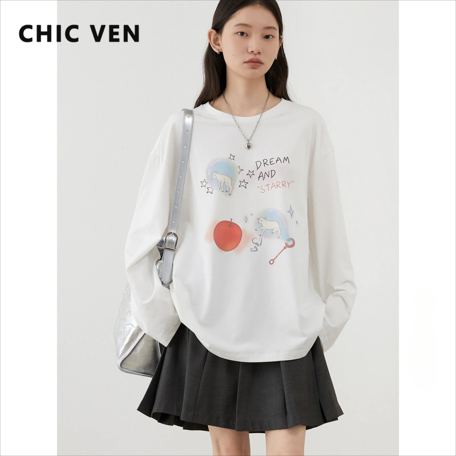 CHIC VEN Women TShirts Loose Long Sleeve Cartoon n Round Neck Lamb Print Female Tees Woman Top Spring Autumn 241018
