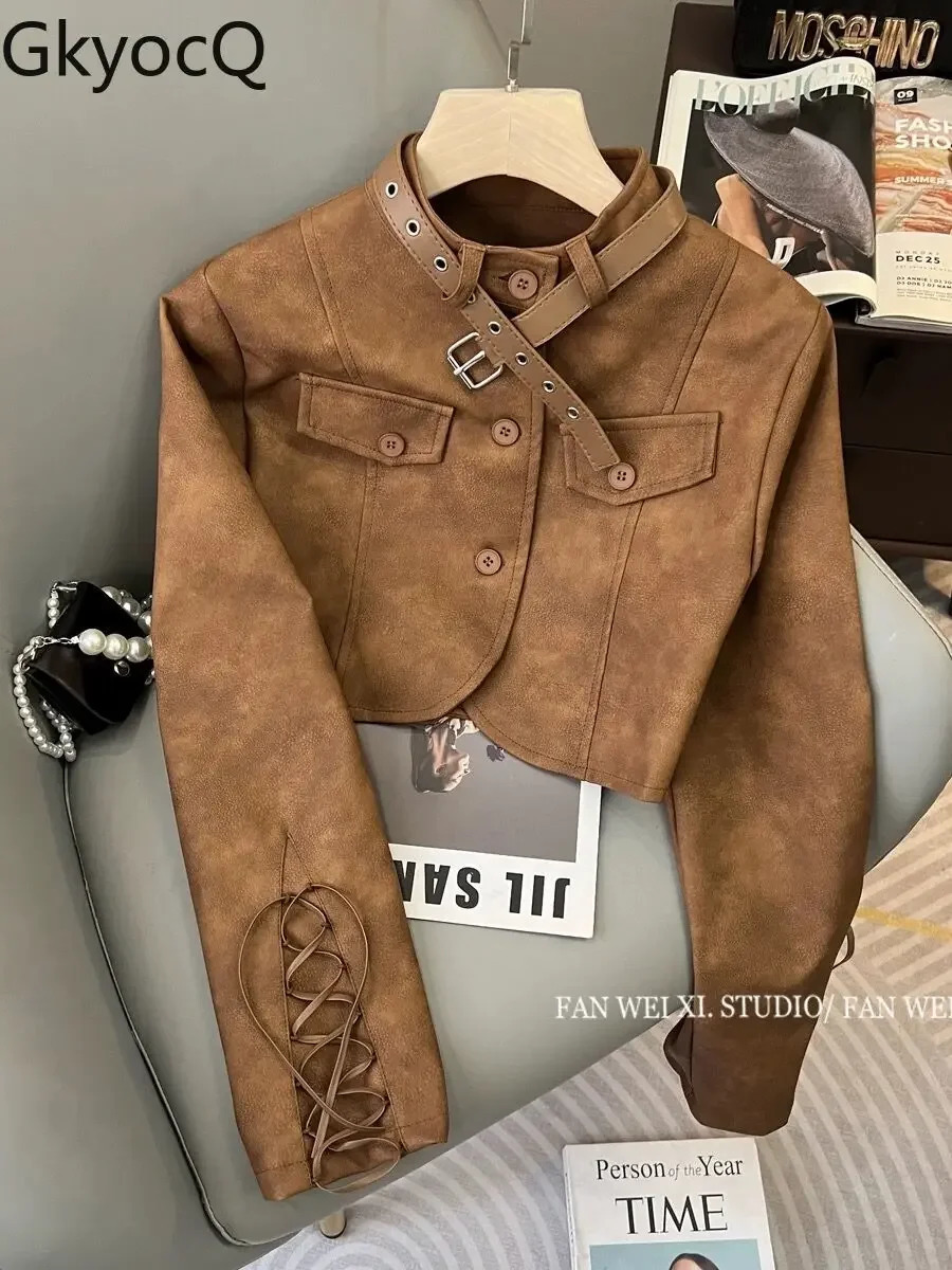 GkyocQ Korean Chic Women Coats Retro Brown Stand Collar Long Sleeve Lace Up Slim Short Jacket Pu Leather Female Tops Clothes 241018