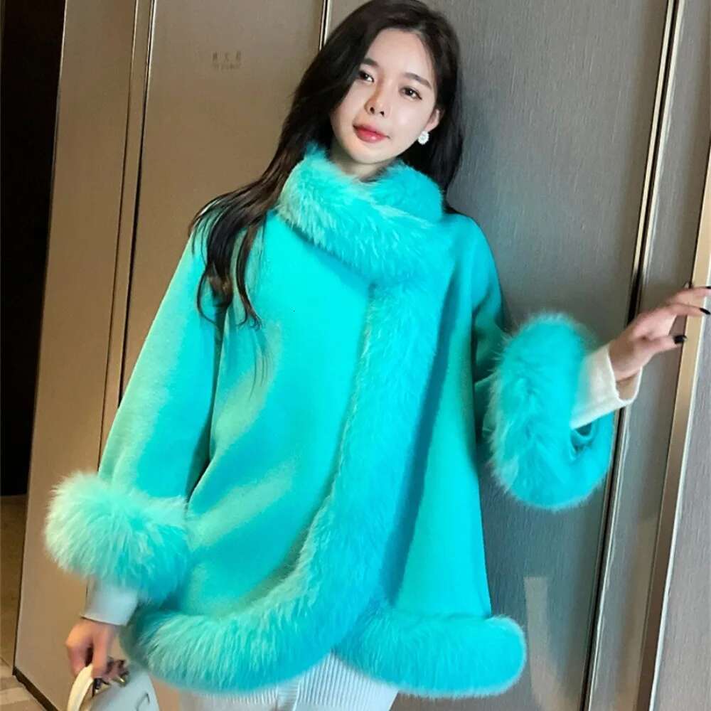 2024 New Women Autumn Long Sleeve Double Side White Woolen Cape Cloak Coat Real Fox Fur Collar And Cuff Casual Outerwear