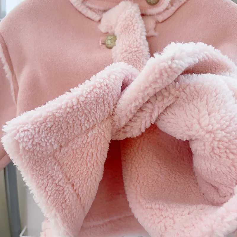 2024 Winter New Girls Jacket Solid Color Lamb Wool Lining Thick Keep Warm Lapel Fashion Coats For 2-8 Years Kids Plush SnowsuitX241018