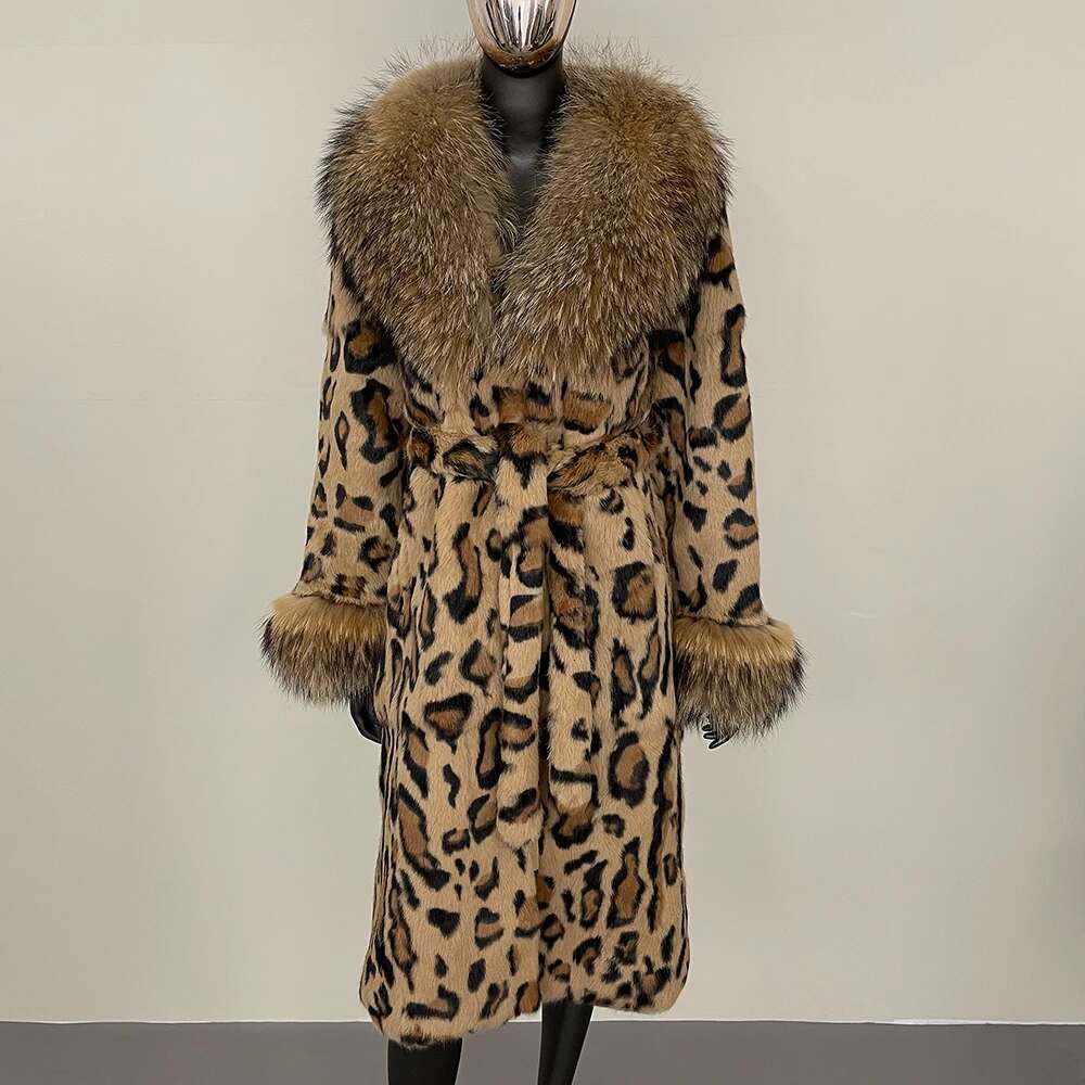 Fashionable Leopard Print Long Fox Collar Jacket One-Piece Thickened Warmth 2024 Autumn Winter Real Rabbit Fur Coat Women