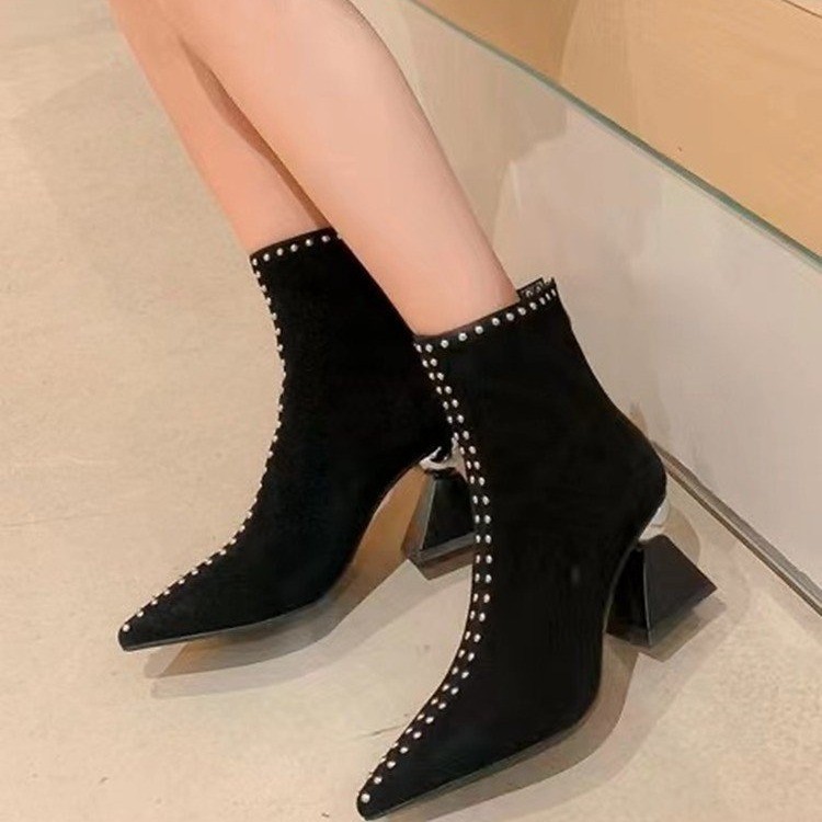 Women Fashion Pointed Toe Martin Boots High Chunky Heel Design Sense Triple Black fashion
