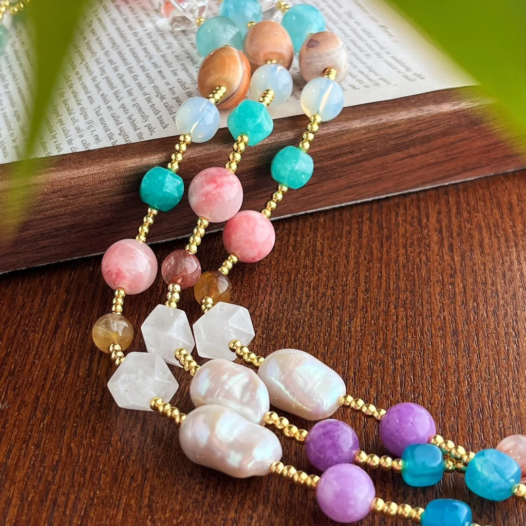Natural multicolored gemstone necklace. Irregular n. jewelry accessories with feminine charm. The gift. 241018