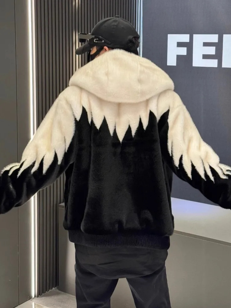 Winter Artificial Mink Fur Mens Hooded Jacket Fashion Zipper Mixed Colors Hip Hop Casual Outewear Personality High Street Coat 241018