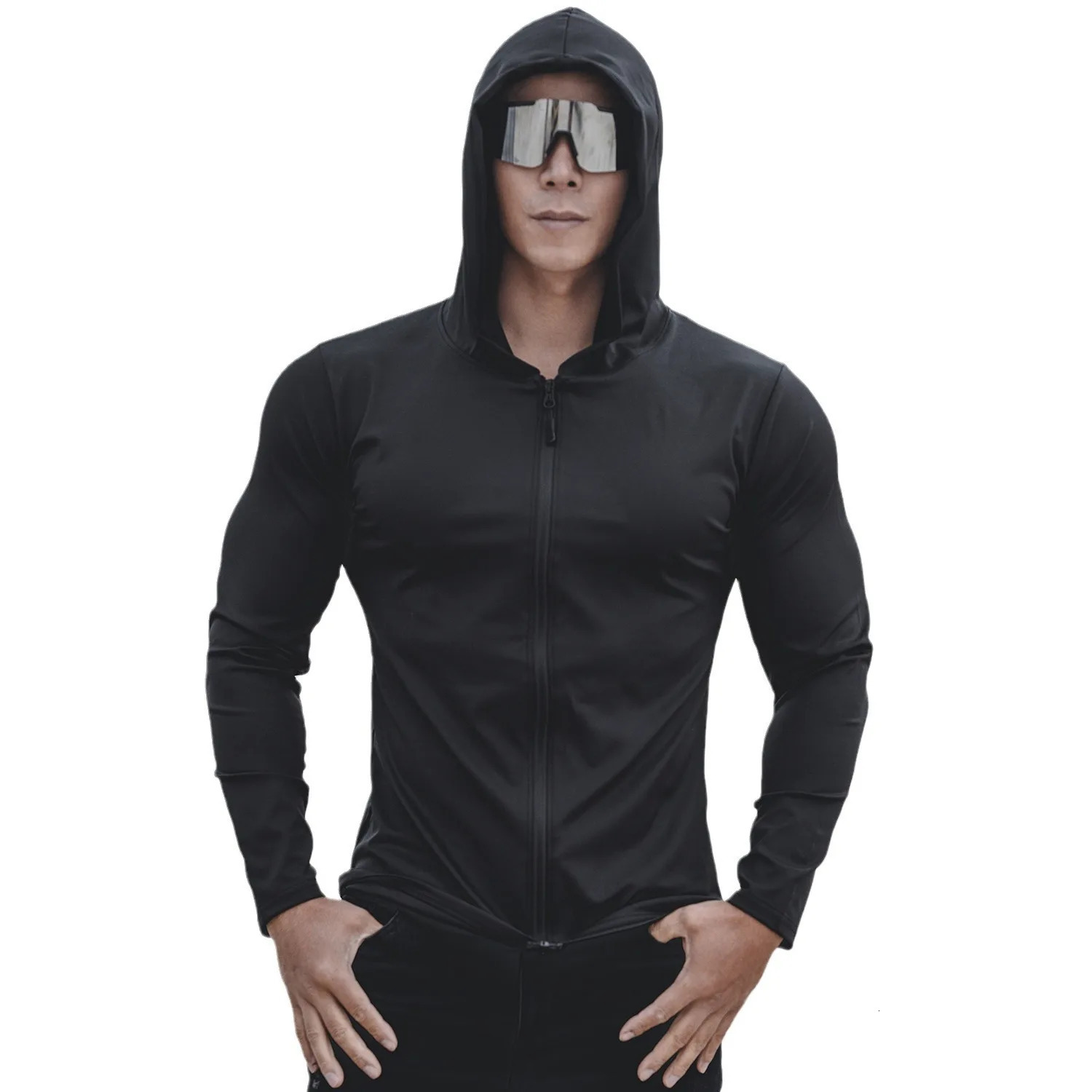 Spring and Autumn Mens Sports Casual Running Exercise Gym Training Black Thin Hooded Zipper Long Sleeve Sweater 241018