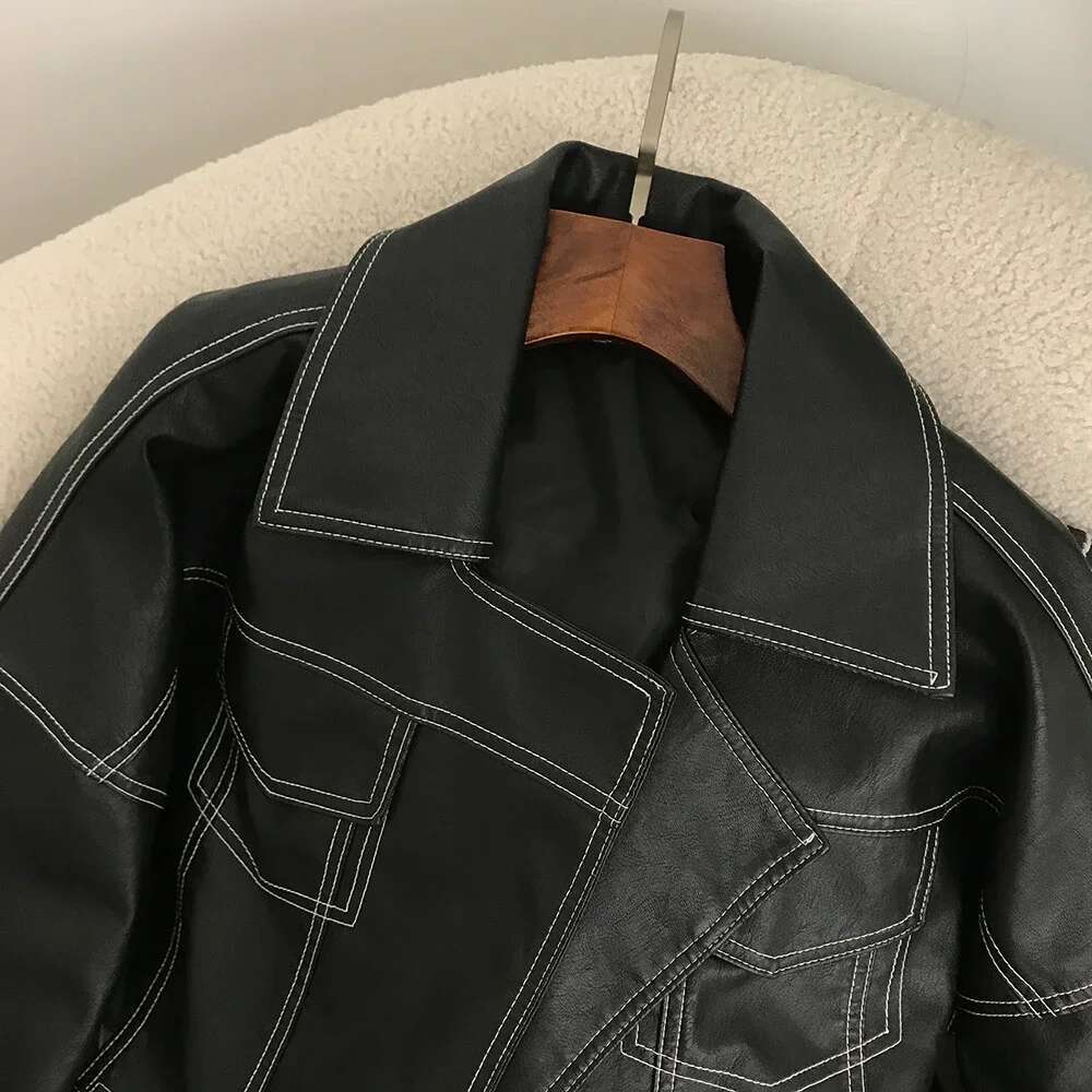 Spring Women Split Hem Black Faux PU Leather Coat Lapel Long Sleeve Female Biker Jacket Streetwear Casual Fashion